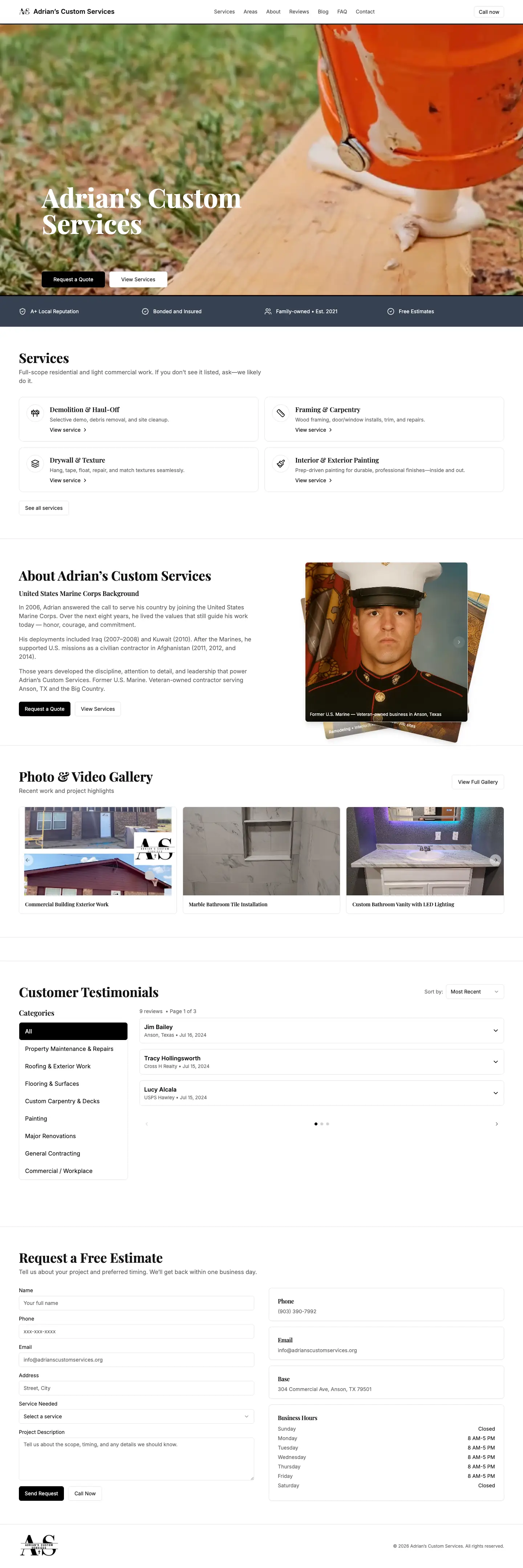 Desktop preview of Adrian's Custom Services website.