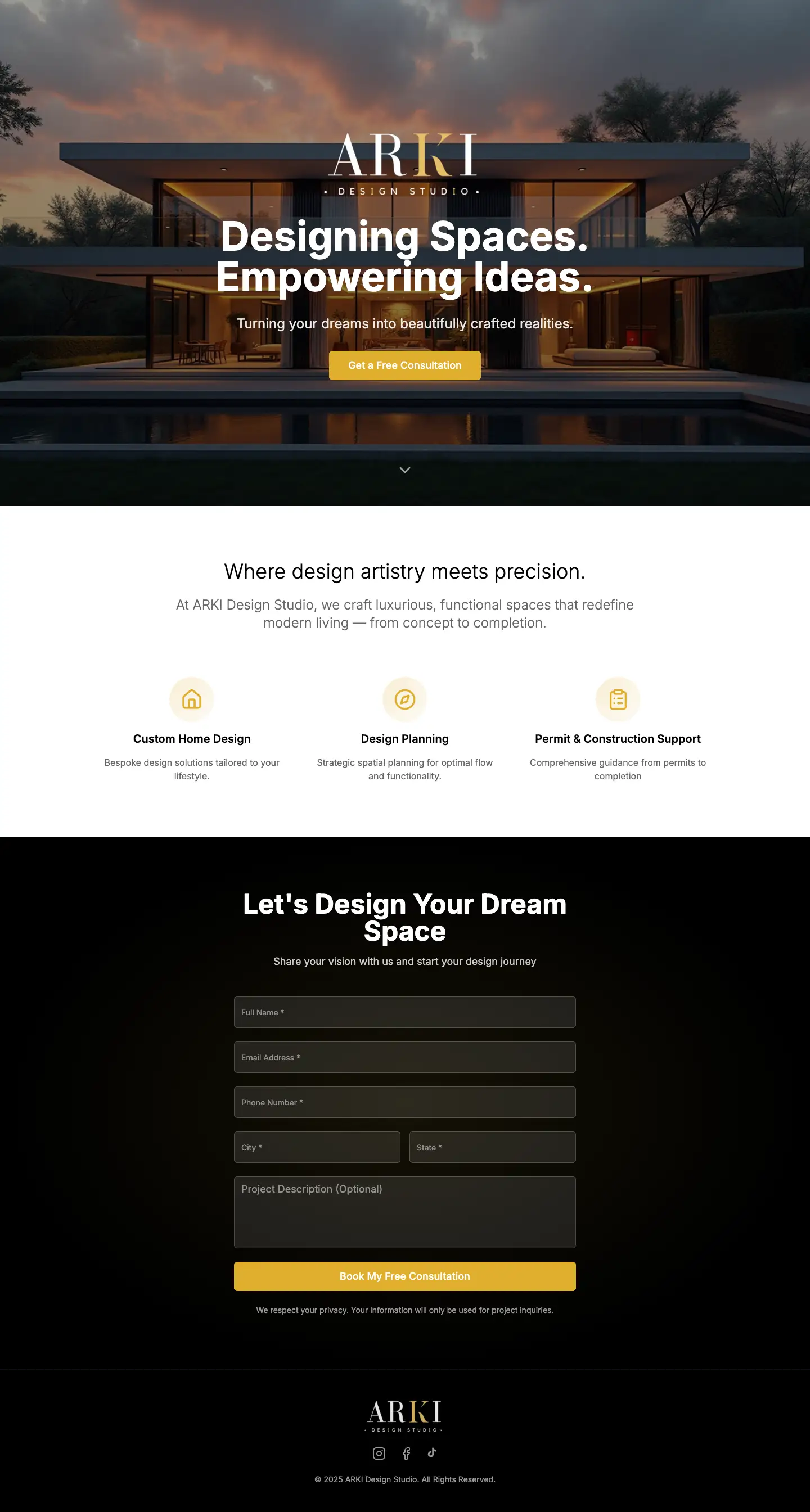 Desktop preview of the ARKI Design Studio website.
