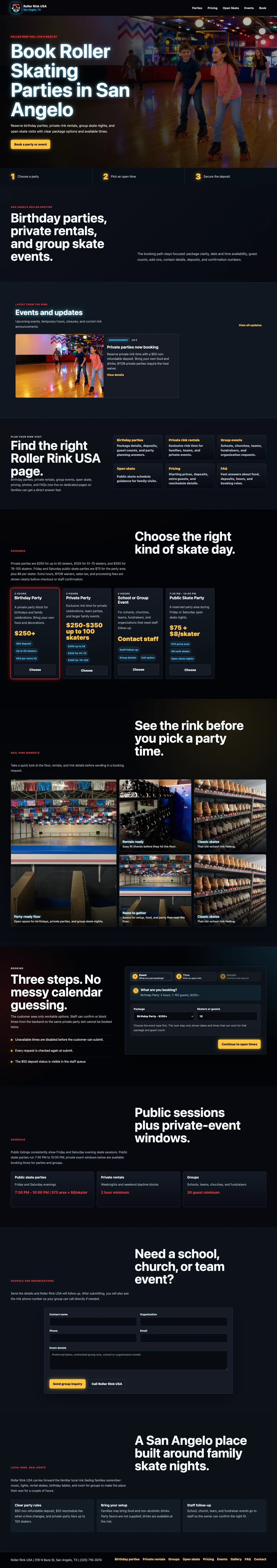 Desktop preview of the Roller Rink USA booking website.
